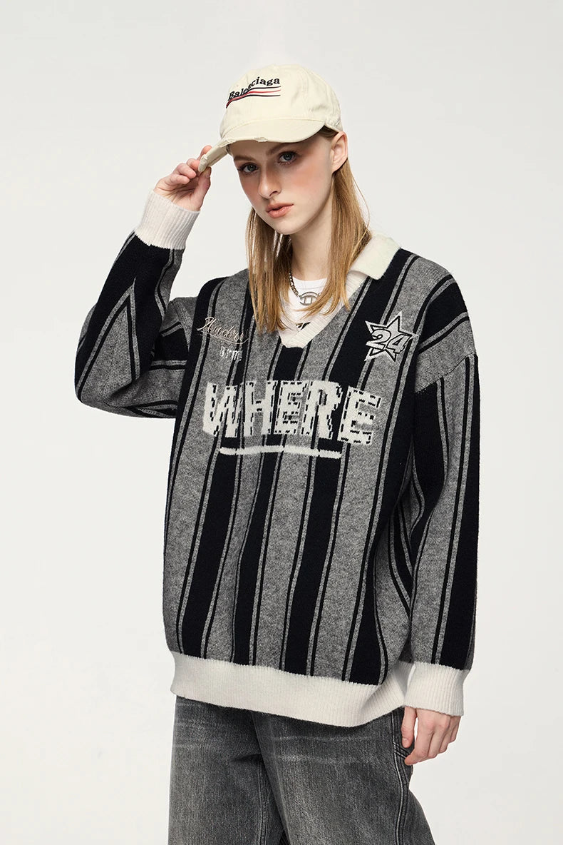 Unisex Vertical Stripe Cozy Retro Sporty Loose Colorblock Knit Pullover Top Sweater