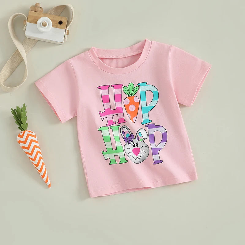 0-6Y Summer Kids Boys Girls Easter T Shirt Rabbit Letter Print Short Sleeve Pullover Top