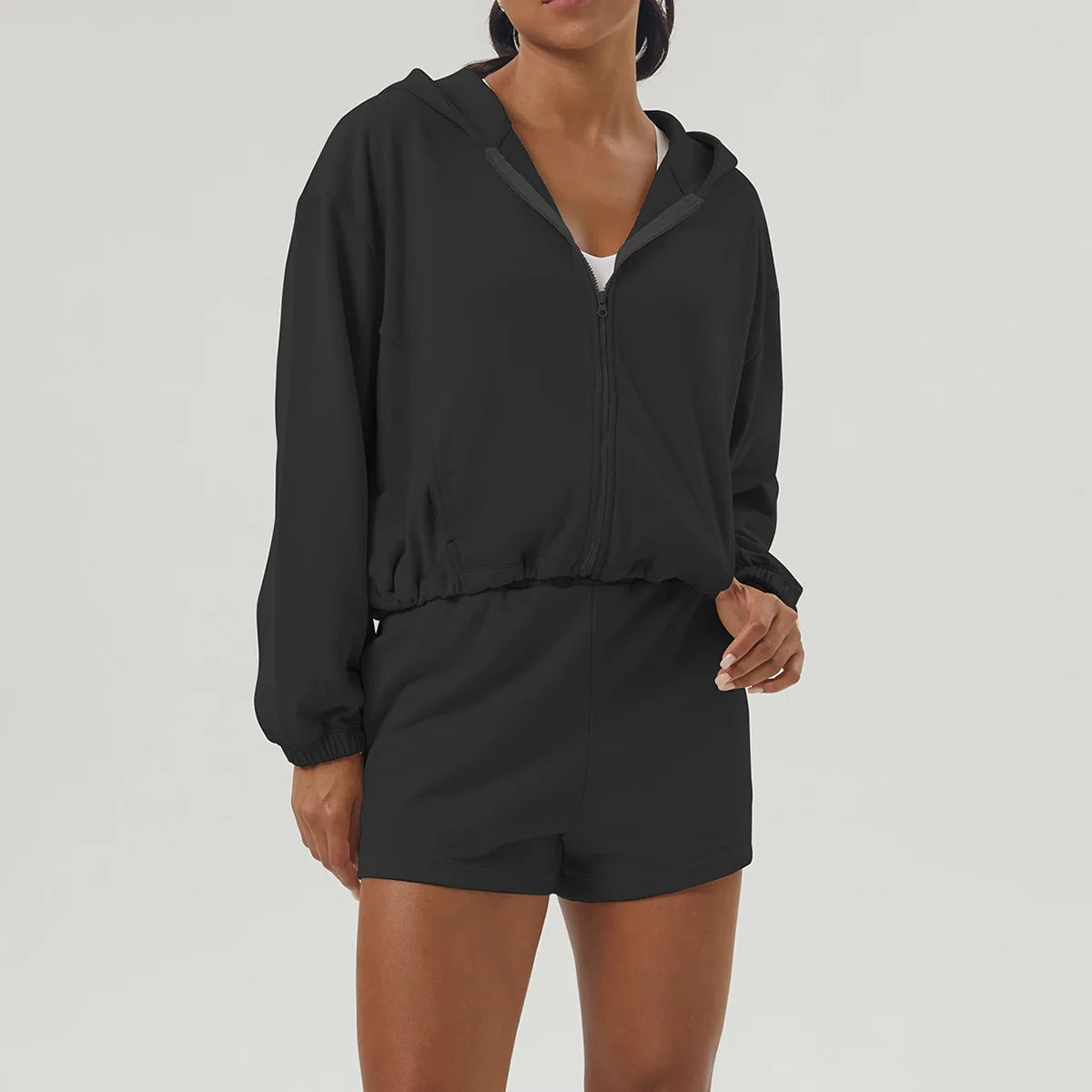 Women's Gym Running Suit Breathable Two Pieces Fitness Yoga Set Long Sleeve Hoodie Shorts Workout Sportswear