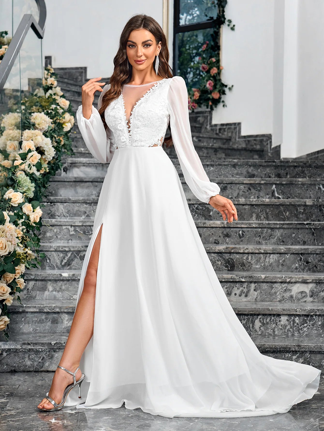 Women's Long Sleeve Deep V Neck Lace Backless Floor Length Dress