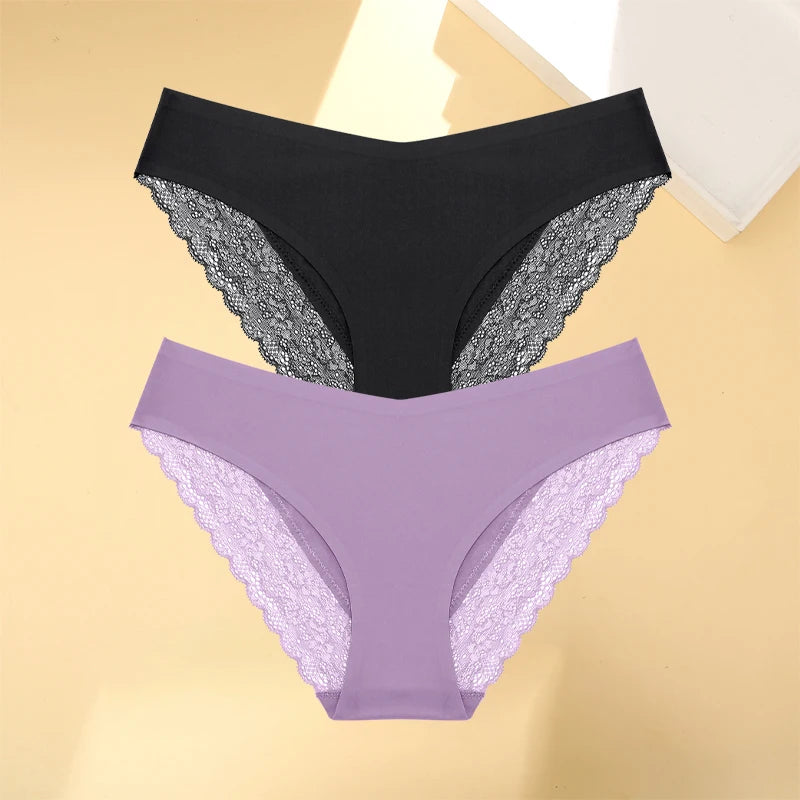 Women's 2Pcs Seamless Stretch Underwear Lace Floral Panties Recycled Materials Breathable Briefs Low Waist Comfort Lingerie