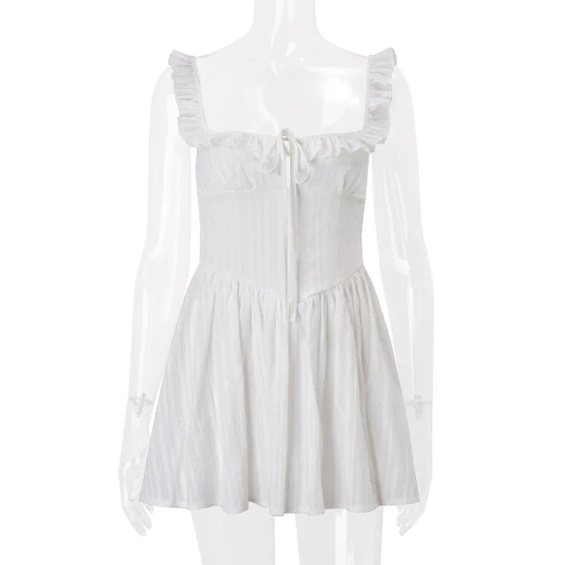Women's Elegant Ruffled Detail Tie Front Mini Coquette Outfits Summer Backless A-Line Slip Pleated Dress