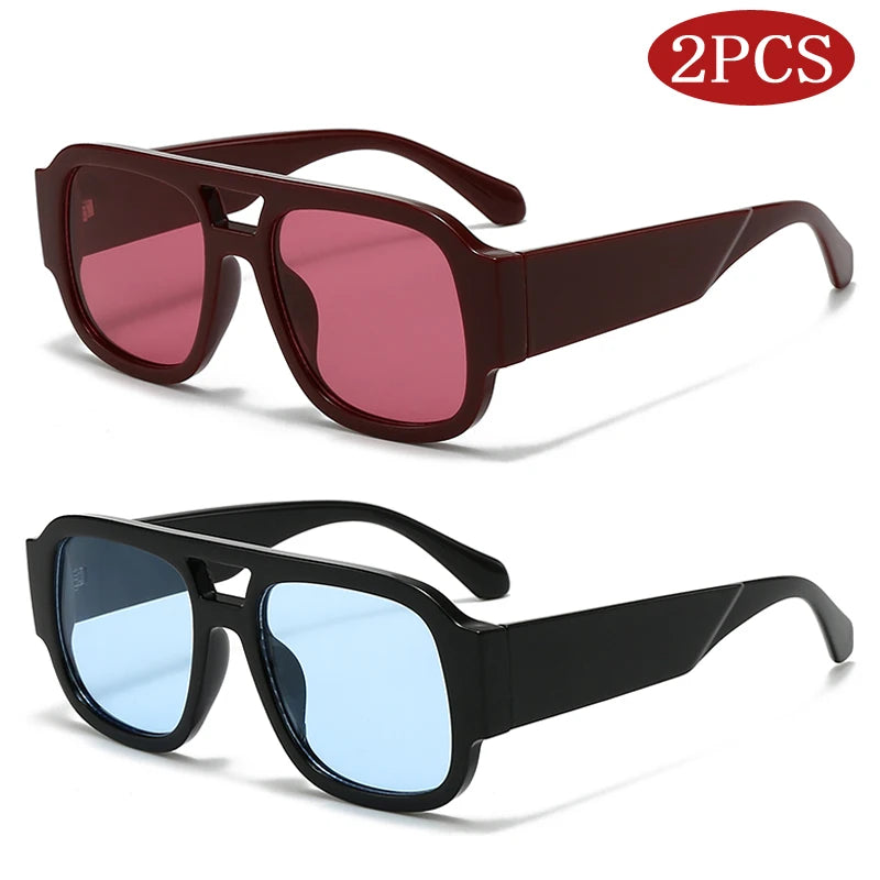 2-Piece Square Sunglasses Set - Large Frame Double Bridge Retro Style