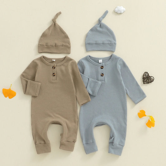 Newborn Baby Fall Winter Romper - Long Sleeve Solid Jumpsuit with Hat (0-6M)