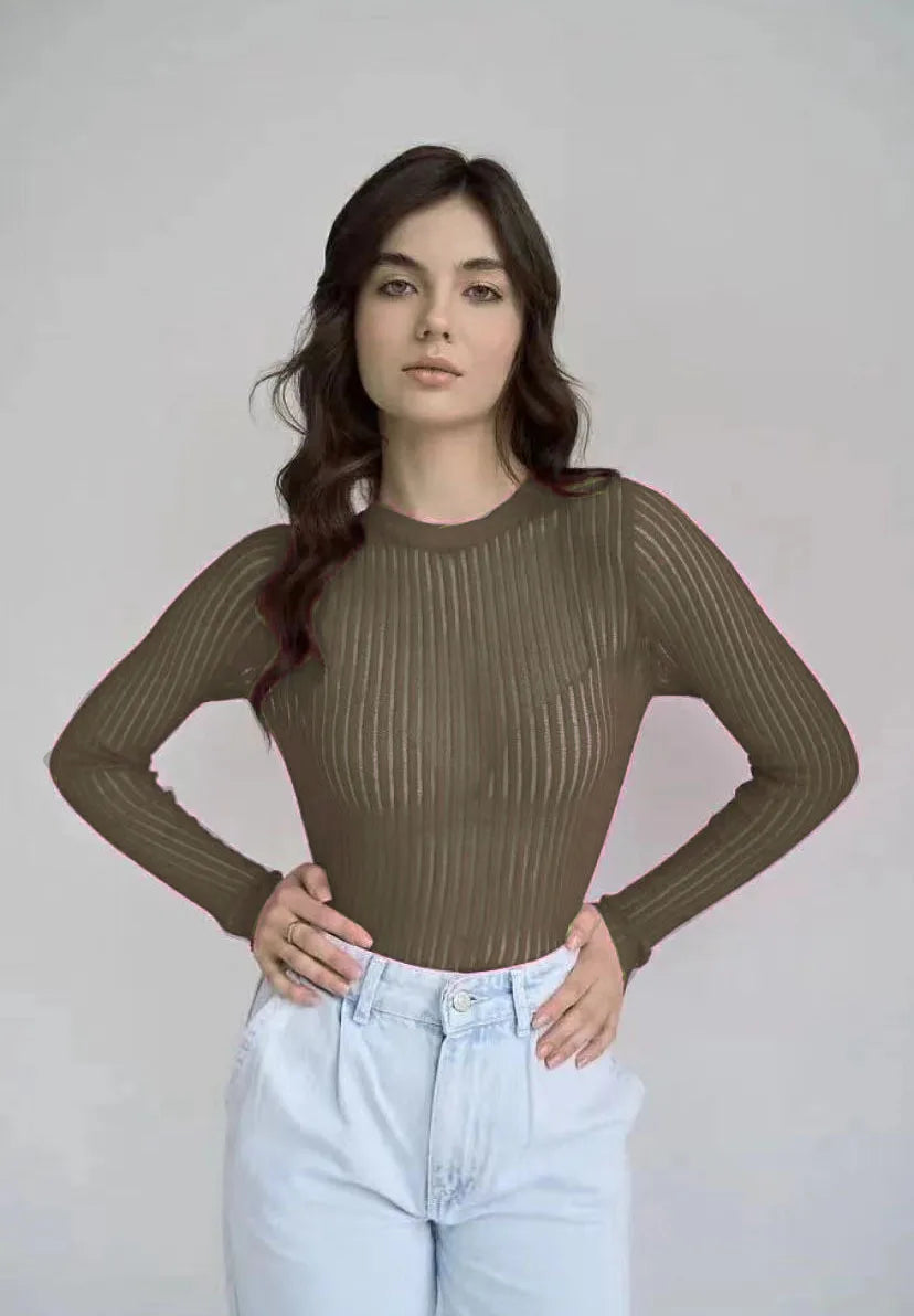 Women's Elegant Striped See Through Long Sleeve Top