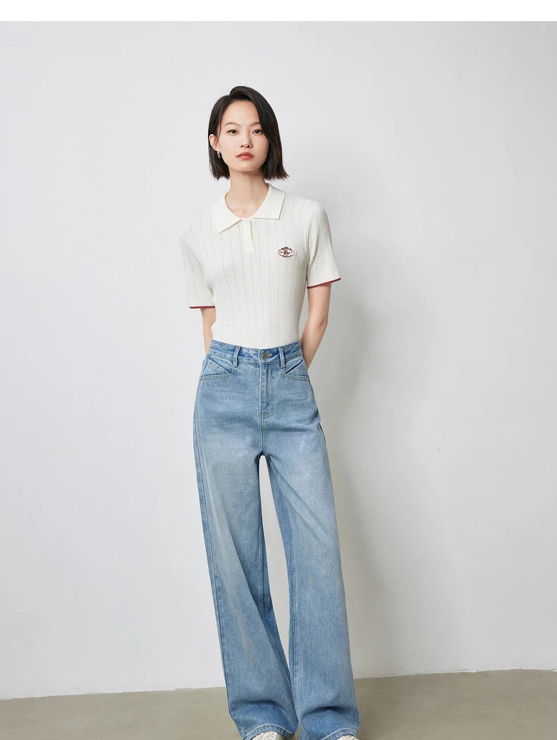 Women's Knitwear Contrast Color Hollow Out Polo Neck Short Sleeve Shirt