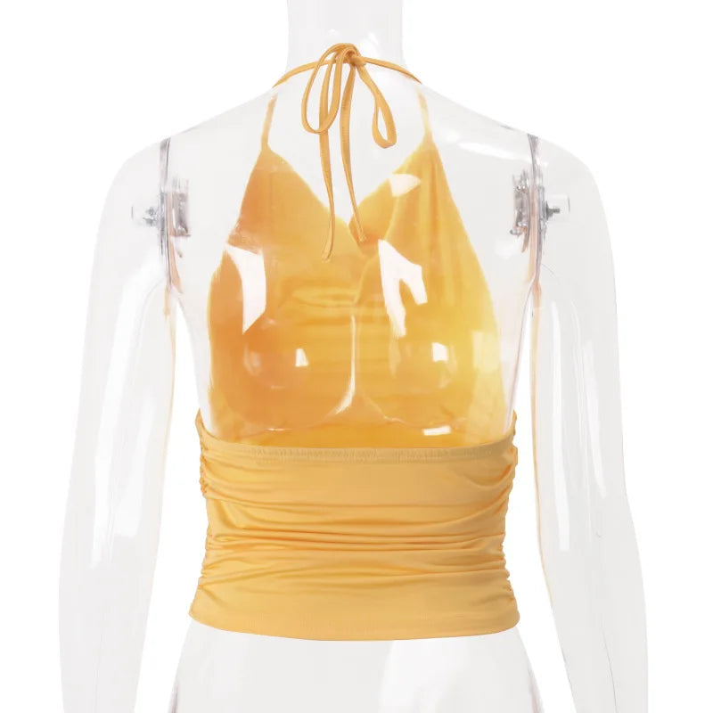 Women's Solid Halter Camisole Top Summer Outfit Backless Ruched Yellow Cropped Top Vest