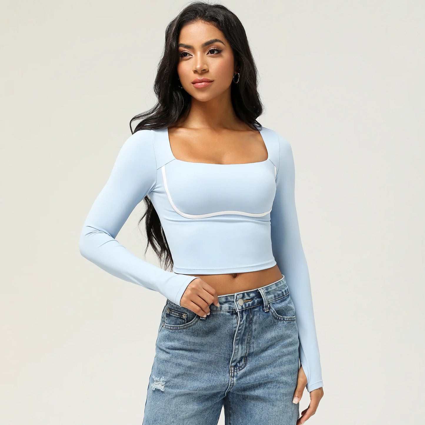 Women's Long Sleeve Yoga T-Shirt Square Neckline Gym Top Breathable Workout Running Crop Top Sportswear