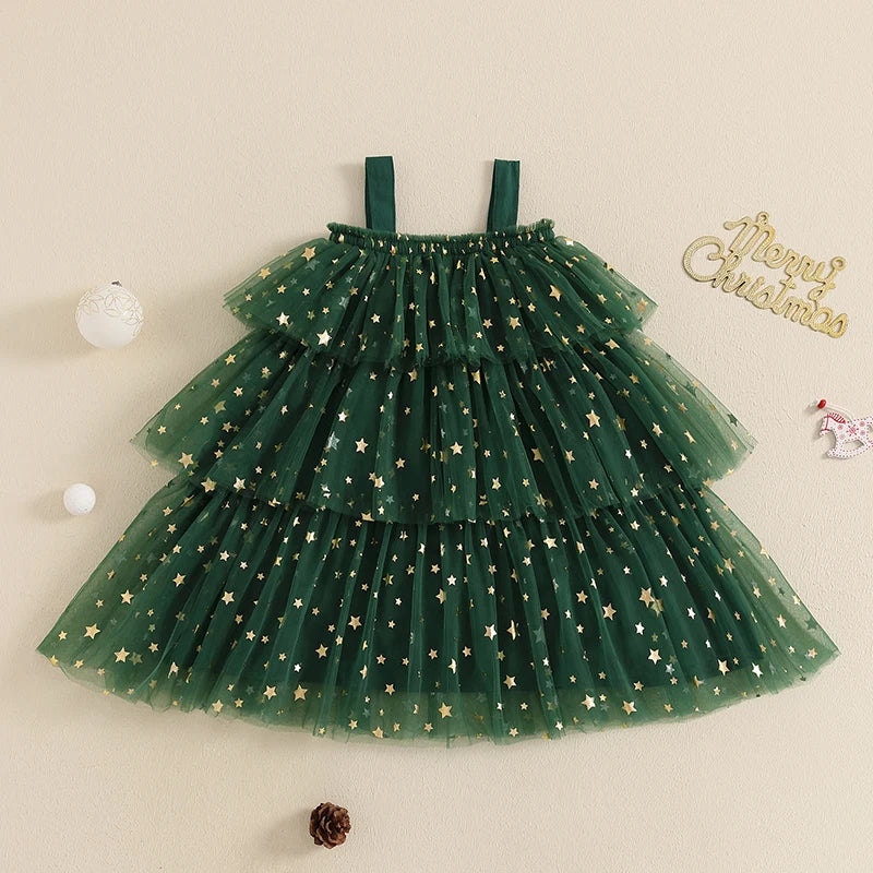 Girl's Festive Dress - Star Lace Layered Tulle Sundress with Plush Ball