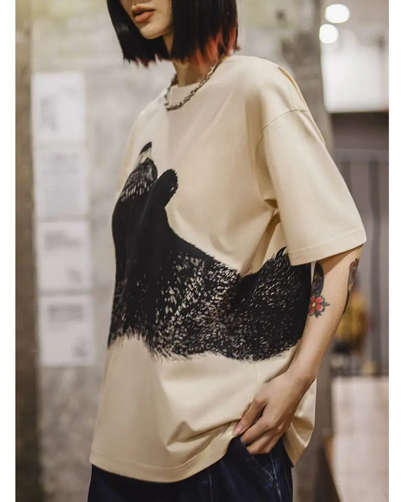 Women's Apricot Bear Print Oversized T-Shirt - Cute Loose Fit Ribbed Crew Neck Summer Tee