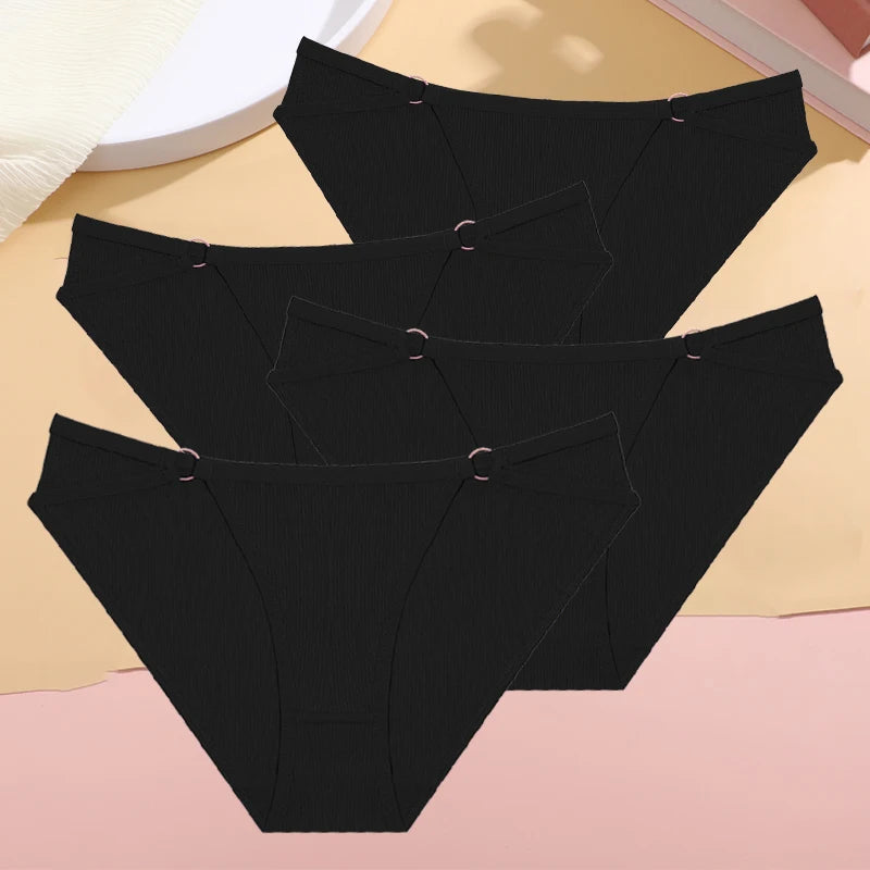Women's 4Pcs/Set Cotton Double Belts Underwear Metal Ring Panties Low Waist Striped Briefs Breathable Lingerie