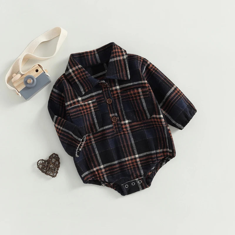 0-24M Infant Baby Boys Gentlemen Romper - Long Sleeve Turn Down Collar Plaid Printed Jumpsuit