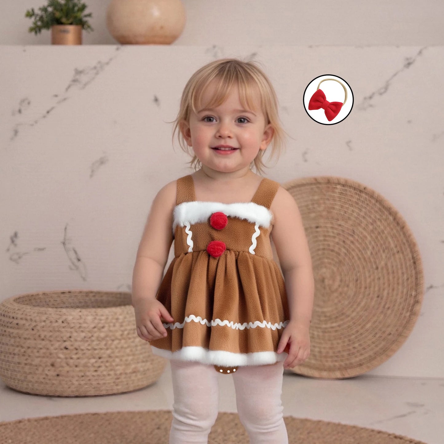Baby Girls Princess Christmas Romper Dress with Bow Headband - Gingerbread Design