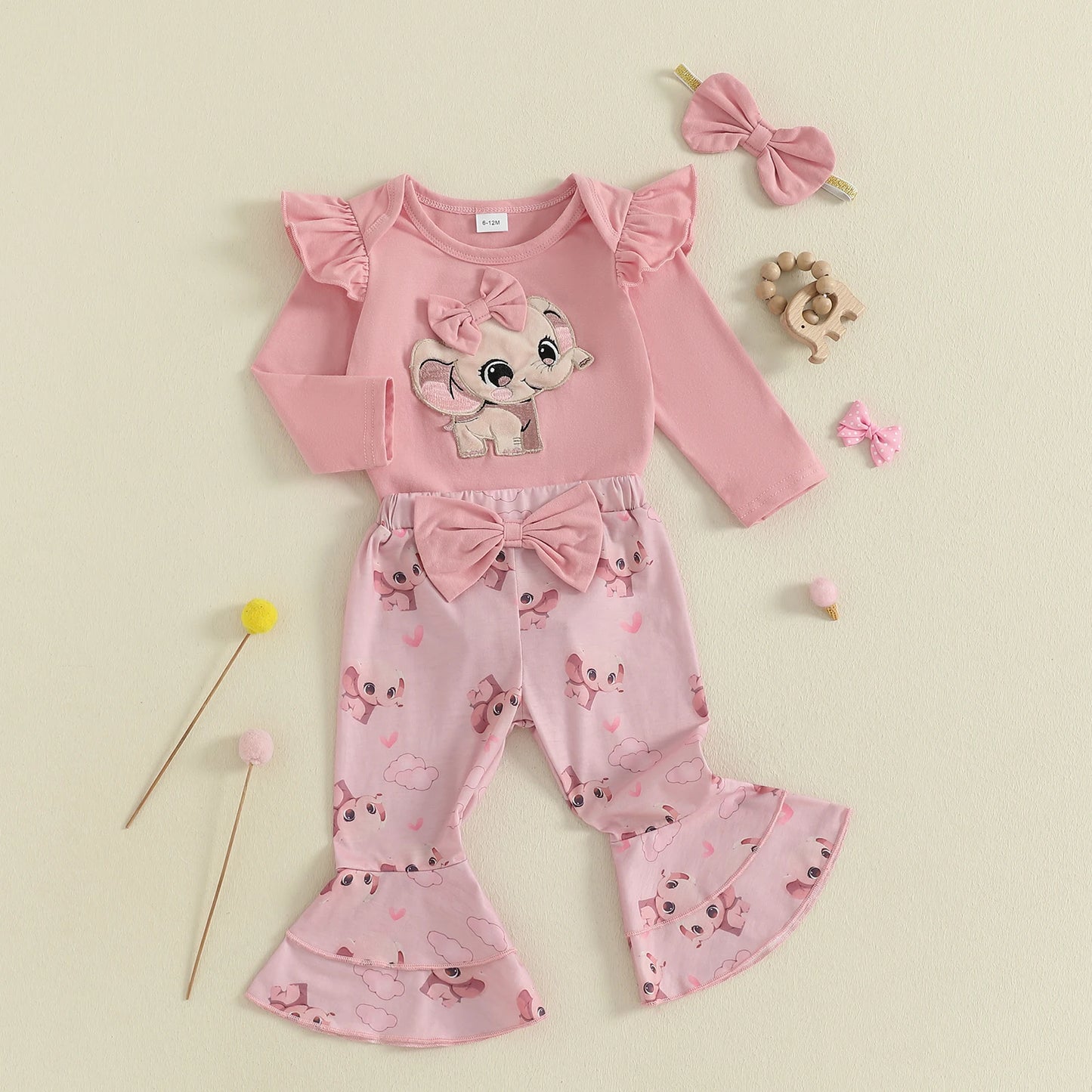 Baby Girls Fall Winter Clothes Set - Long Sleeve Bow Animal Embroidery Jumpsuit, Headband & Flared Pants
