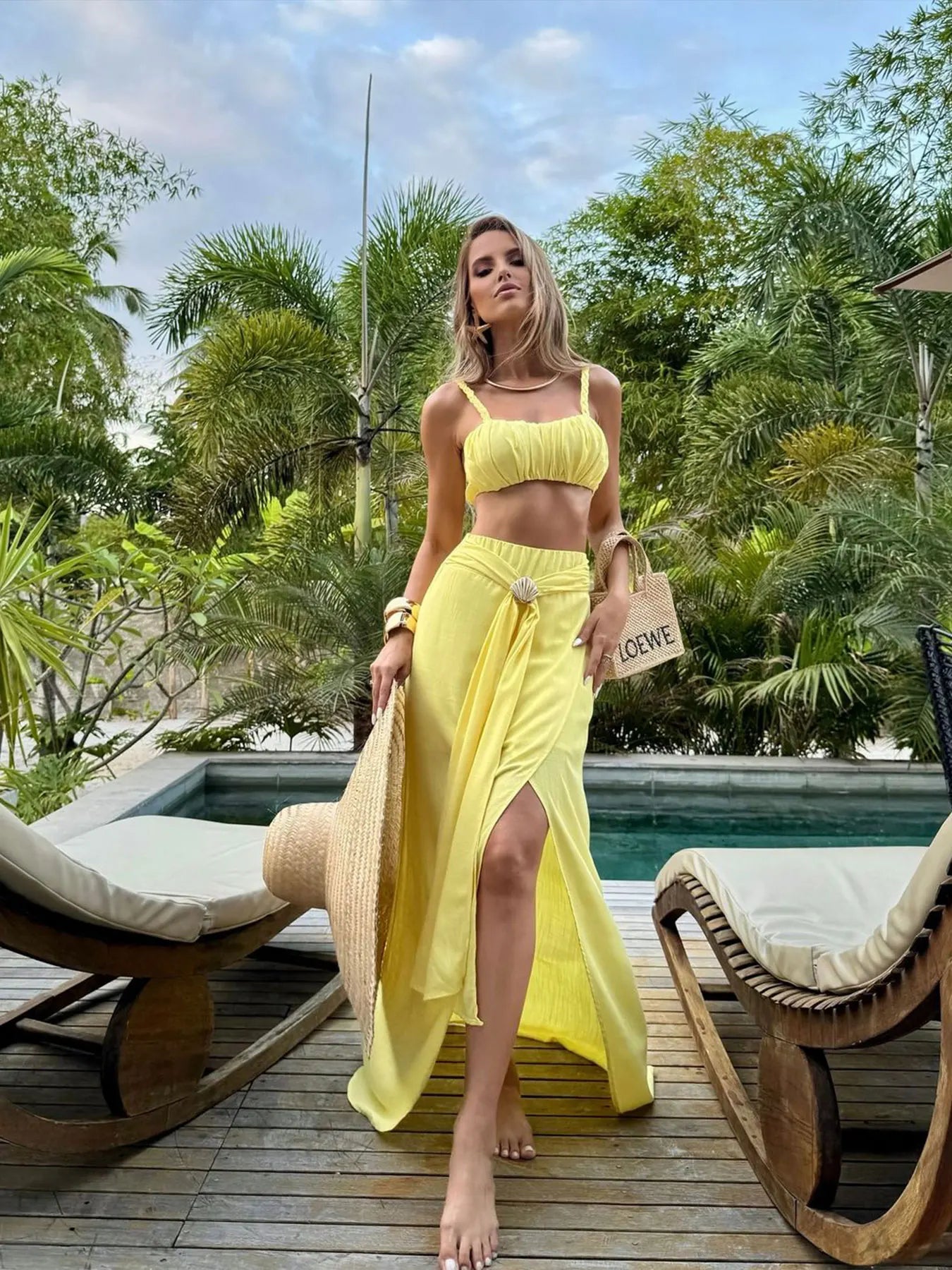 Women's 3-Piece Crochet Knit Skirt Set - Bandage Top & Maxi Skirt