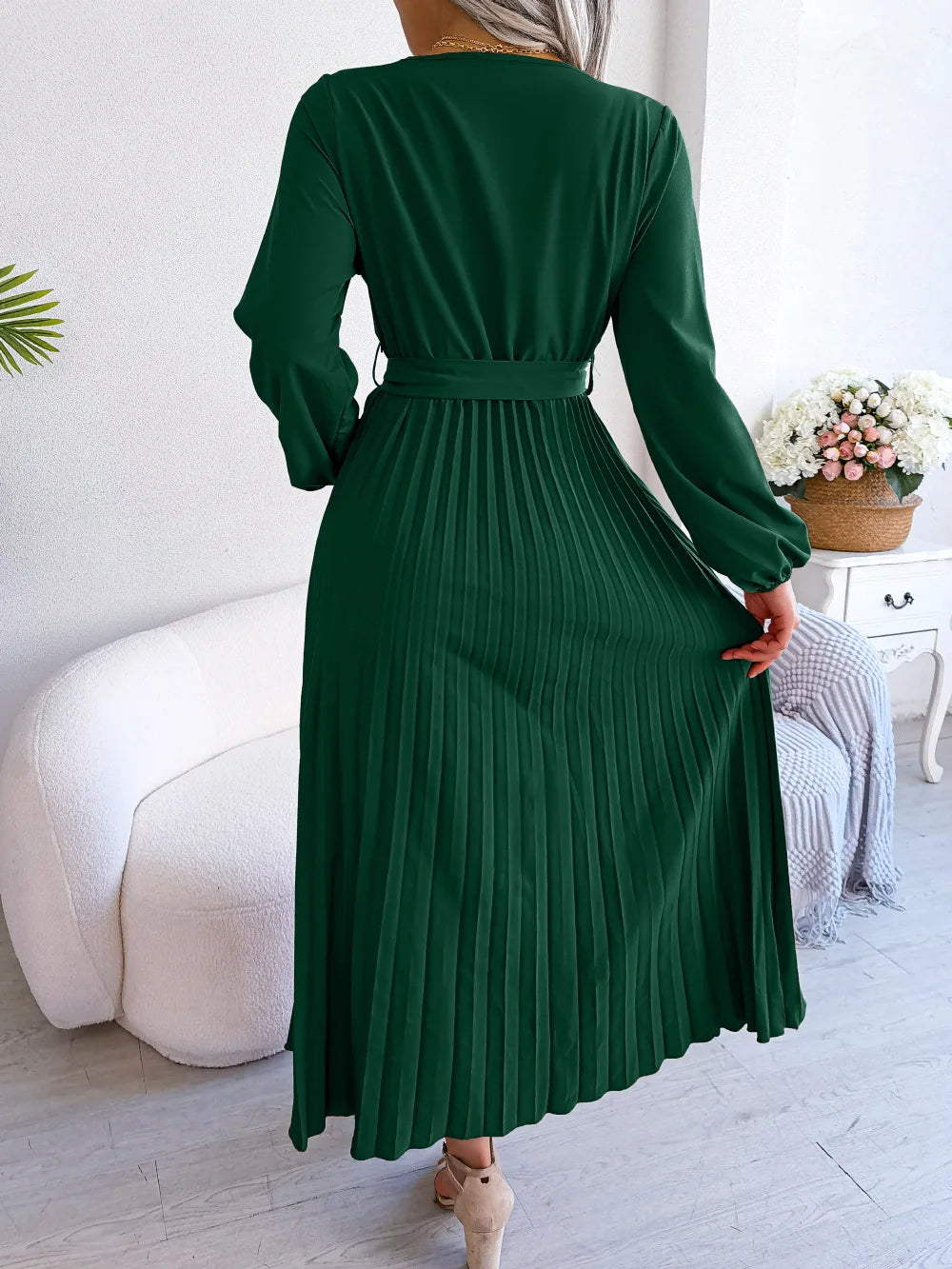 Women's Spring Summer Cross V Neck Large Hem Pleated Long Dress