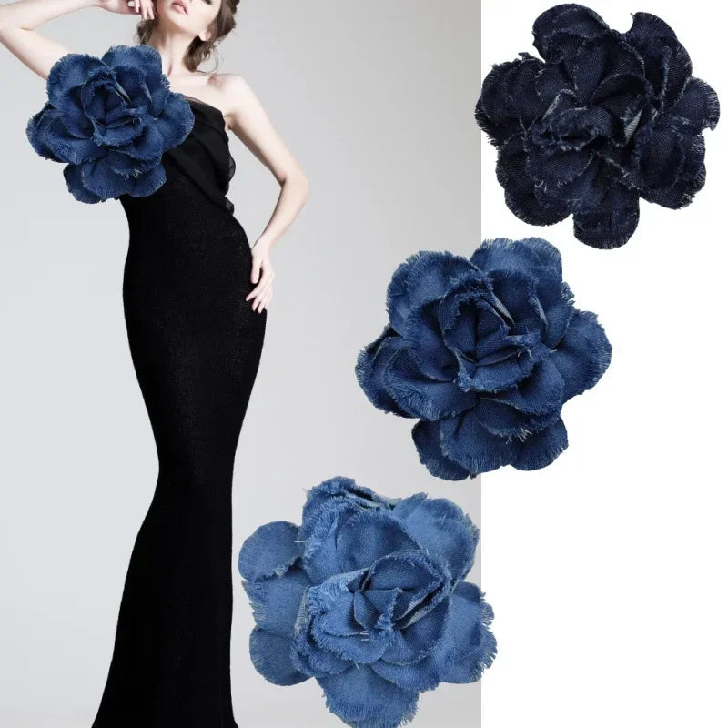 Handmade Denim Rose Flower Brooch - 15cm Fashion Corsage Lapel Pin