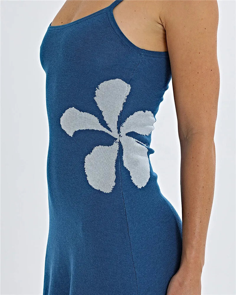 Women's Spaghetti Strap Print Knitwear Mini Robe Summer Sleeveless Backless Beach Dress
