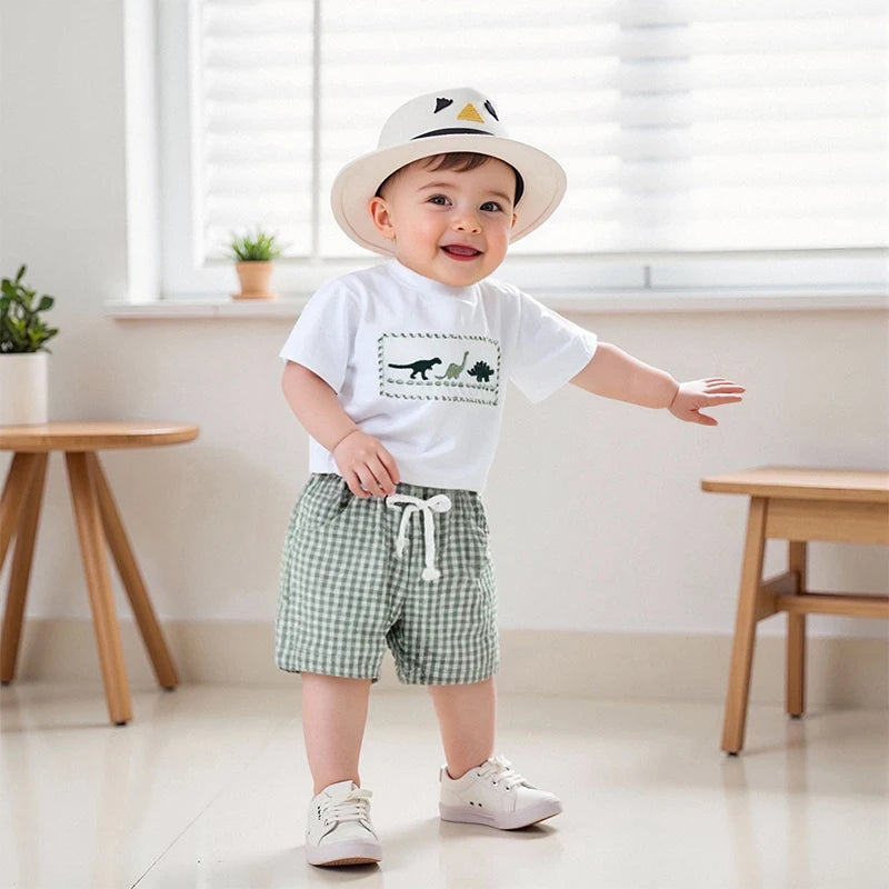 Dinosaur Embroidered T-Shirt & Plaid Shorts Set - Toddler Boys (0-4Y)