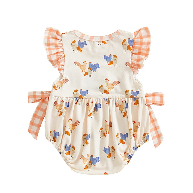 Baby Girls Summer Romper - Plaid Chick Print Ruffled Bodysuit with Bow