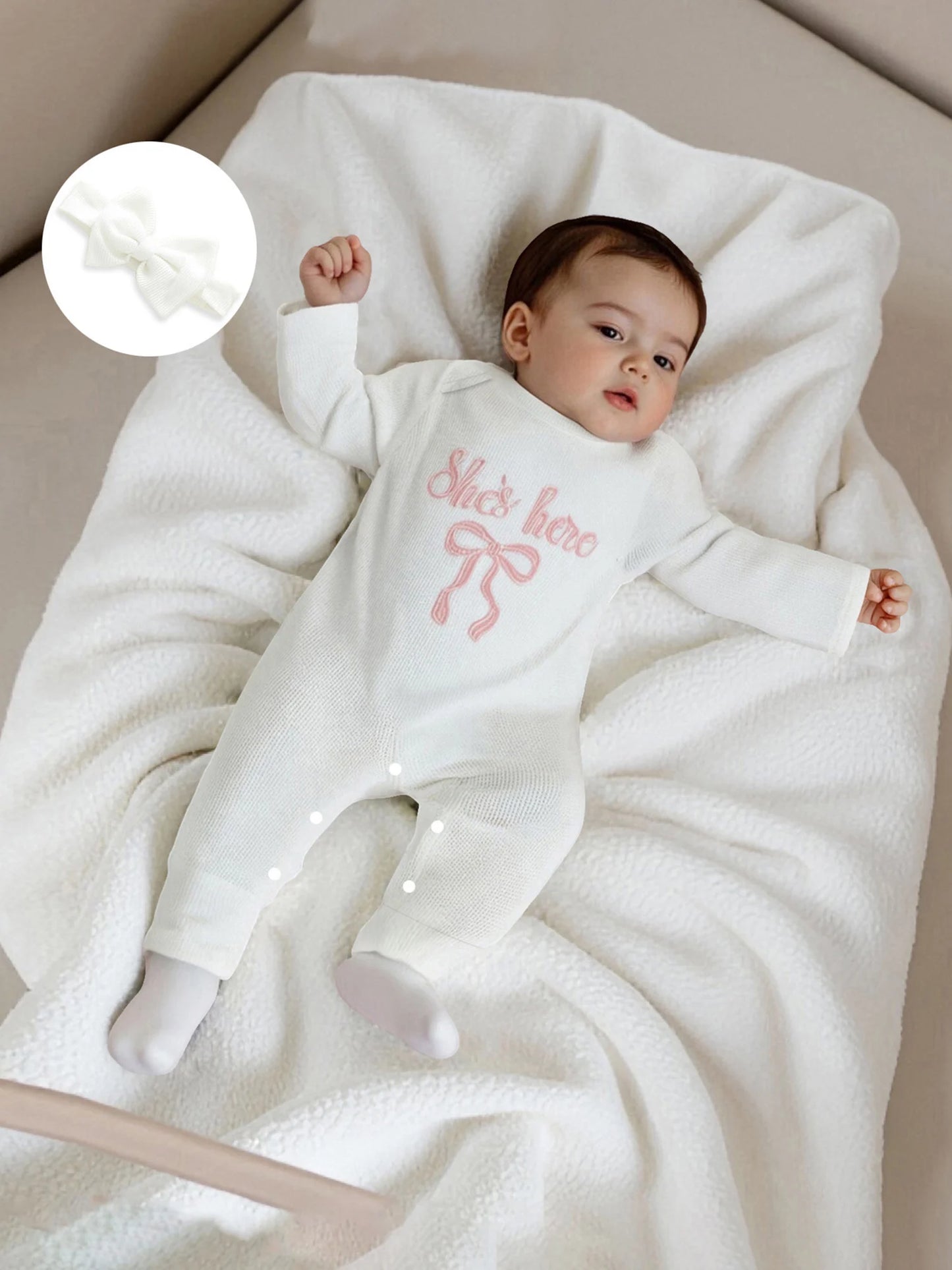 Newborn Baby Fall Winter Romper - Bow Letter Print Waffled Jumpsuit with Headband (0-6M)