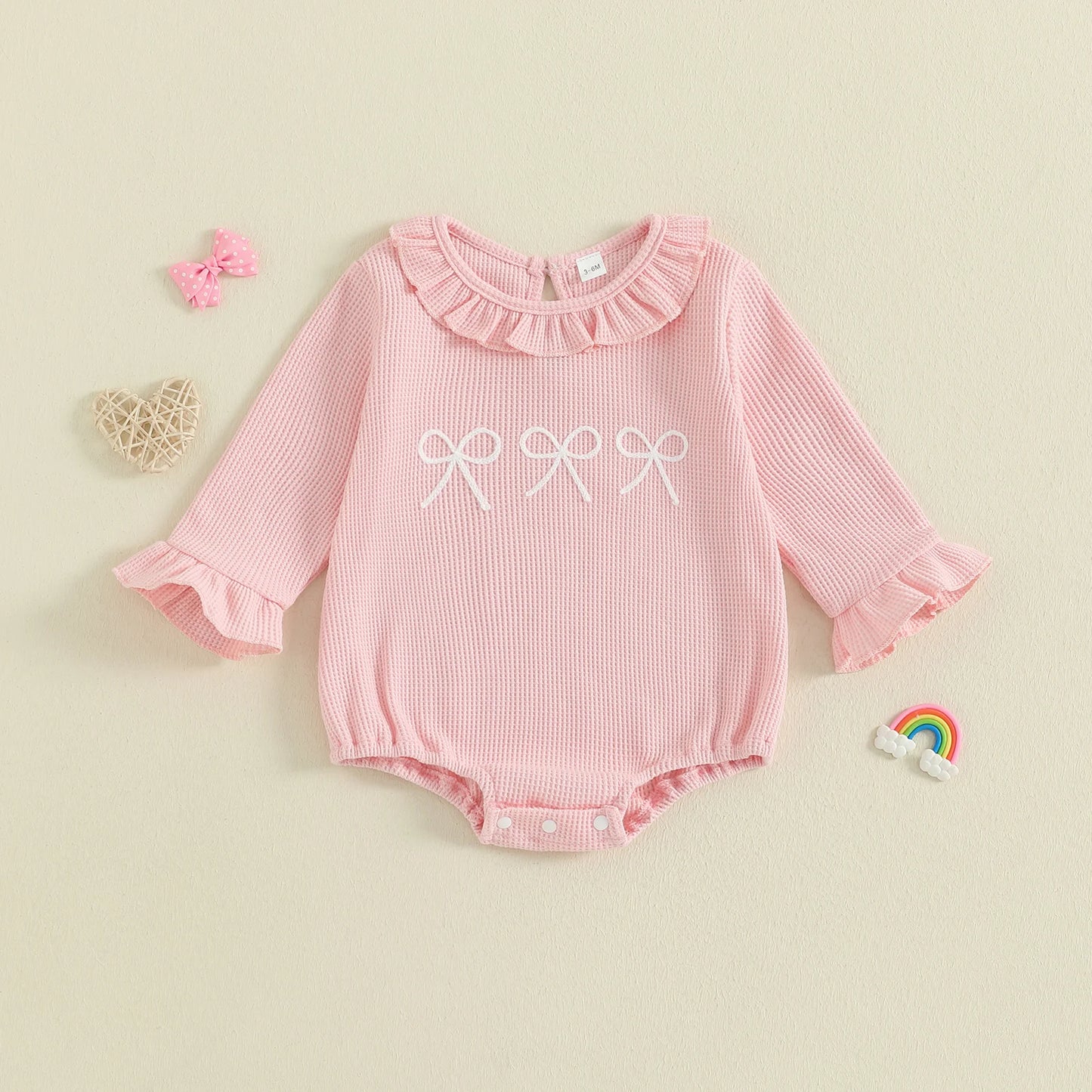 Lovely Baby Girls Bubble Romper - Bow Embroidery Long Sleeve Ruffle Jumpsuit (0-18M)