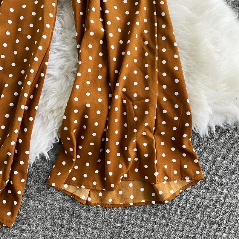 Women's V-Neck Polka Dot Jumpsuit - Wide Leg Trousers with Dolman Sleeves