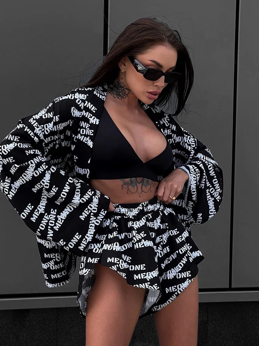 Women's Casual Print Pyjamas Lace-Up Long Sleeve Robes Shorts Sleepwear Set