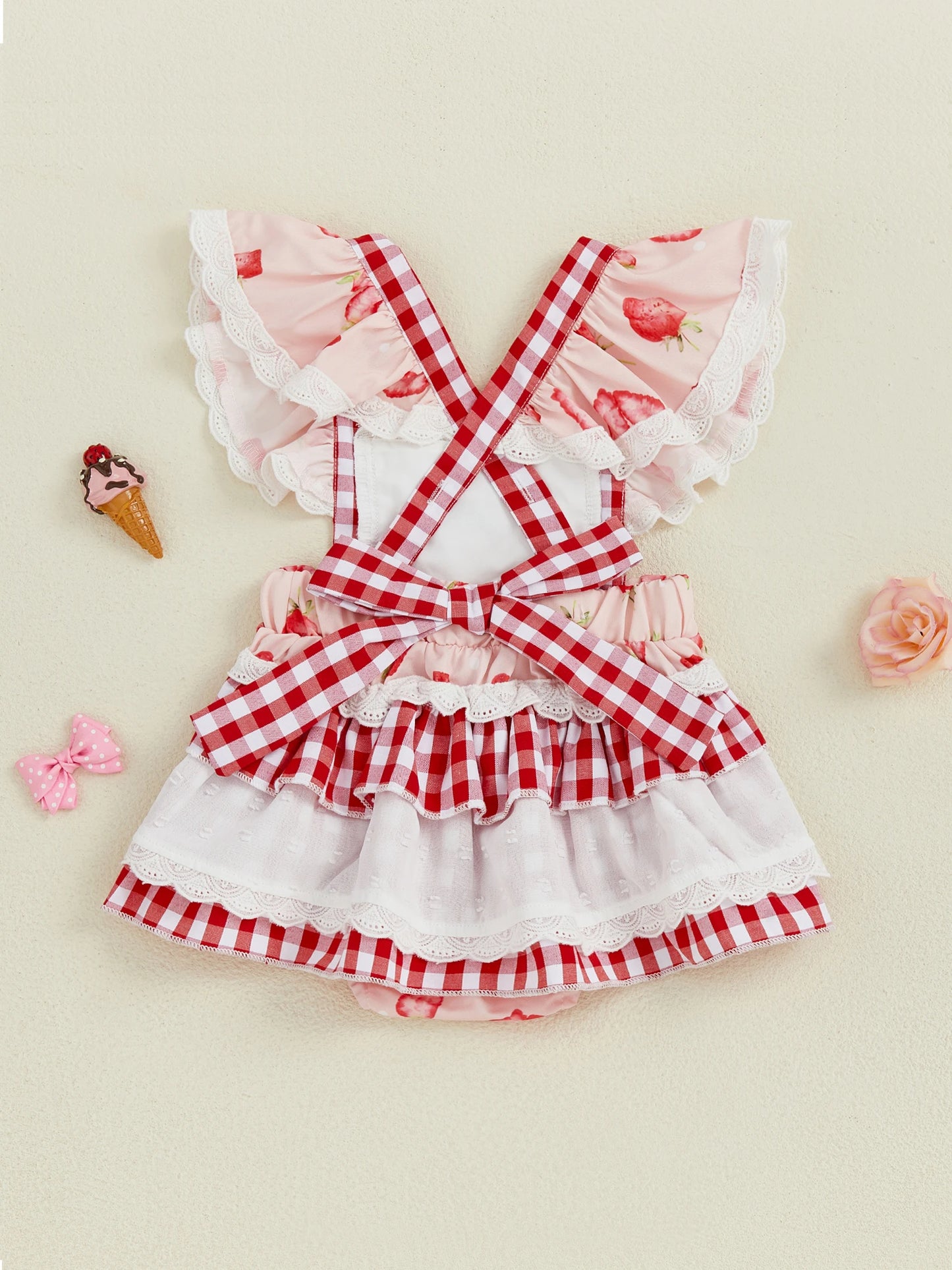 Baby Girls Strawberry Plaid Romper Dress - Flutter Sleeve Summer Jumpsuit (0-24M)