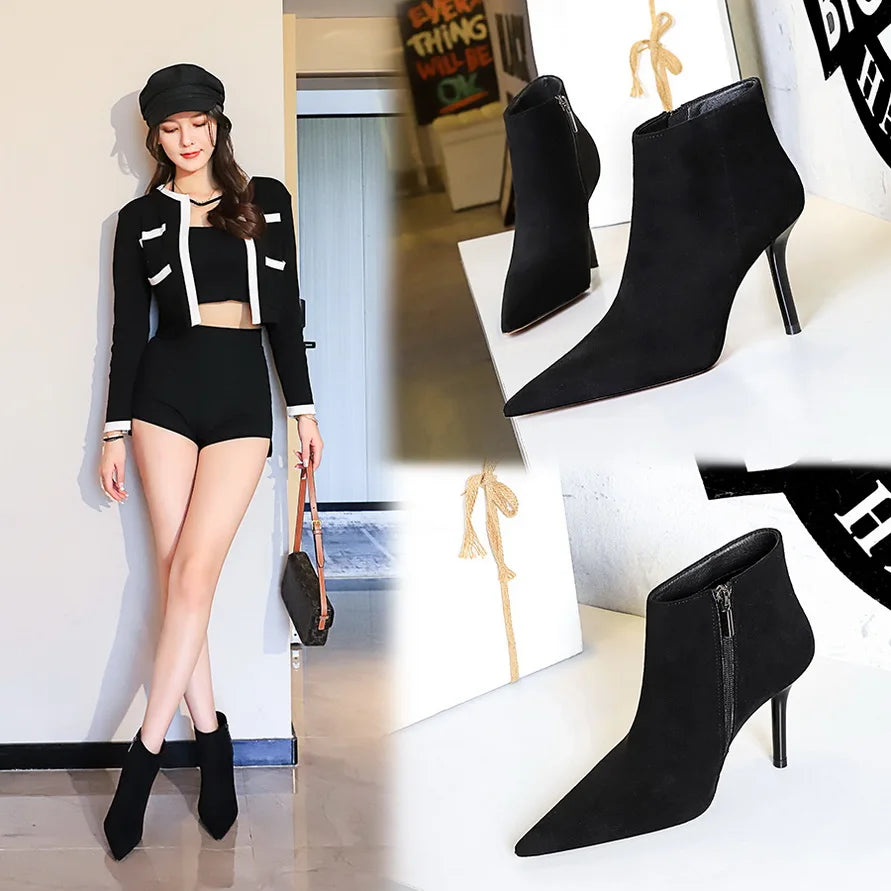 Black Suede Ankle Boots - Pointed Toe Stiletto Heels with Side Zipper
