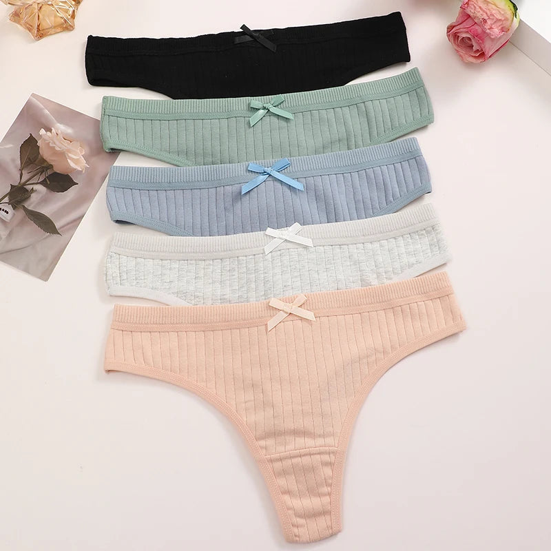 Women's Cotton Bow Tie Underwear 5-Pack - Ribbed Striped Low Waist Thongs
