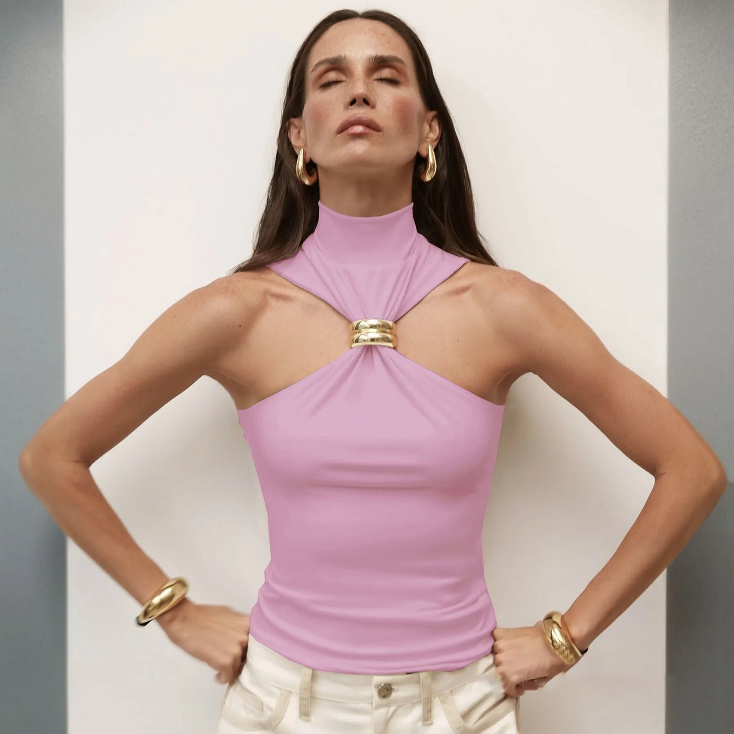 Women's Cut Out Sleeveless Turtleneck Tops Embellished Elegant Solid Top