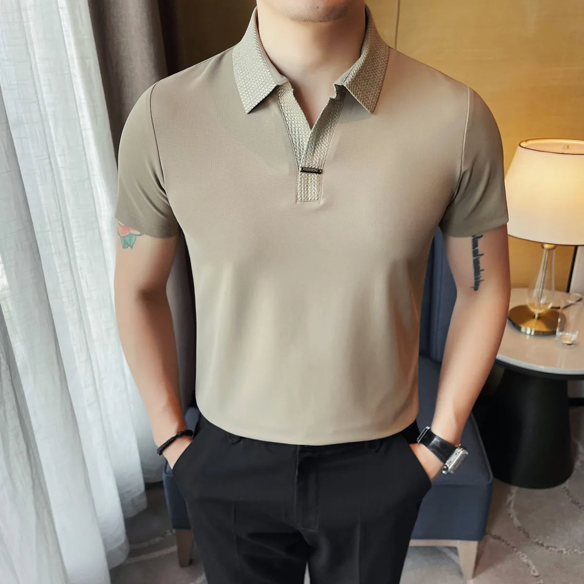 Men's Summer Slim Fit Casual Short Sleeve Style Turn Down Collar Polo Shirt