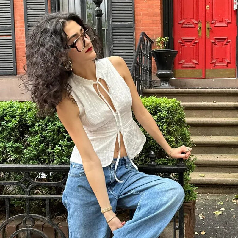 Women's Summer Tie Front Tops Button White Cut Out Sleeveless Cropped Top