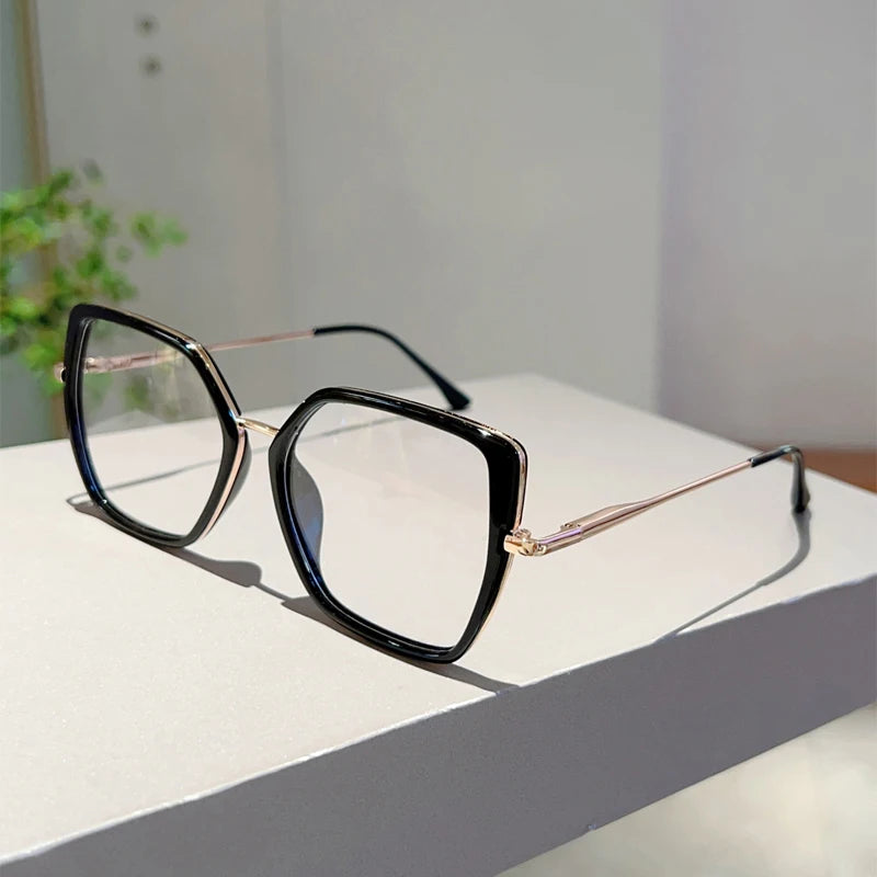 Fashion Oversized Black Frame Glasses - Blue Light Blocking Retro Metal Eyewear
