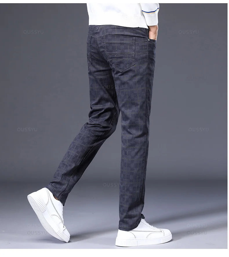 Men's Plaid 98% Cotton Stretch Straight Classic Trousers