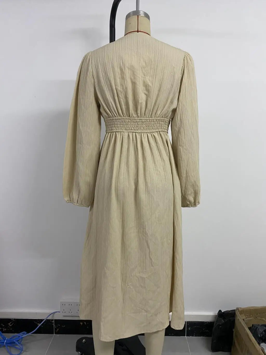 Women's Autumn Winter Long Sleeve Elegant V-neck Chiffon A-Line Knee Length High Waist Dress