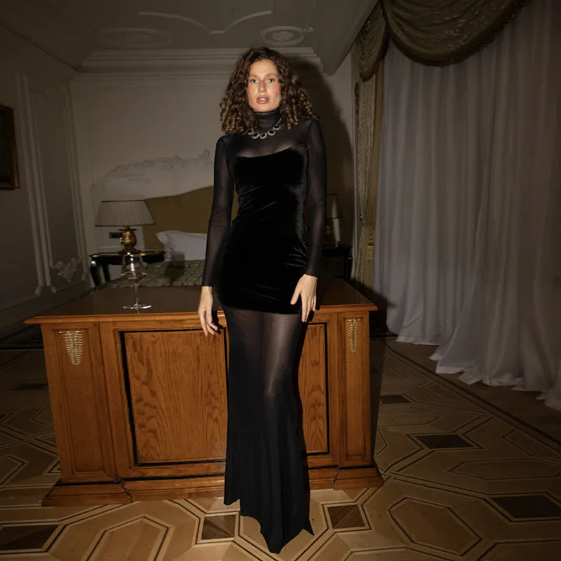 Women's Long Sleeve See Through Mesh Velvet Party Gown Black Turtleneck Bodycon Dress