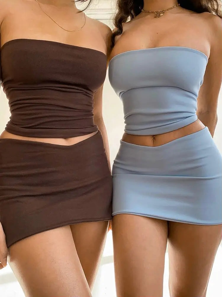 Women's Strapless Solid Crop Top and Skirt 2 Piece Set Outfit Co-Ord Sets Matching Set