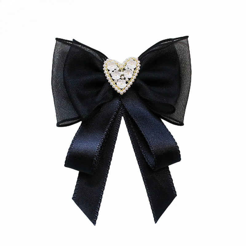 Black Fabric Bow Brooch - College Style Crystal Collar Pin