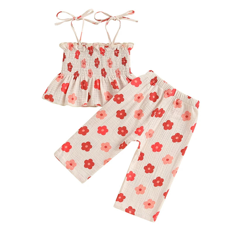 0-4Y Kids Girls Clothes Set Flower Print Sleeveless Lace Up Pleated Camisole with Trousers 2pcs Set