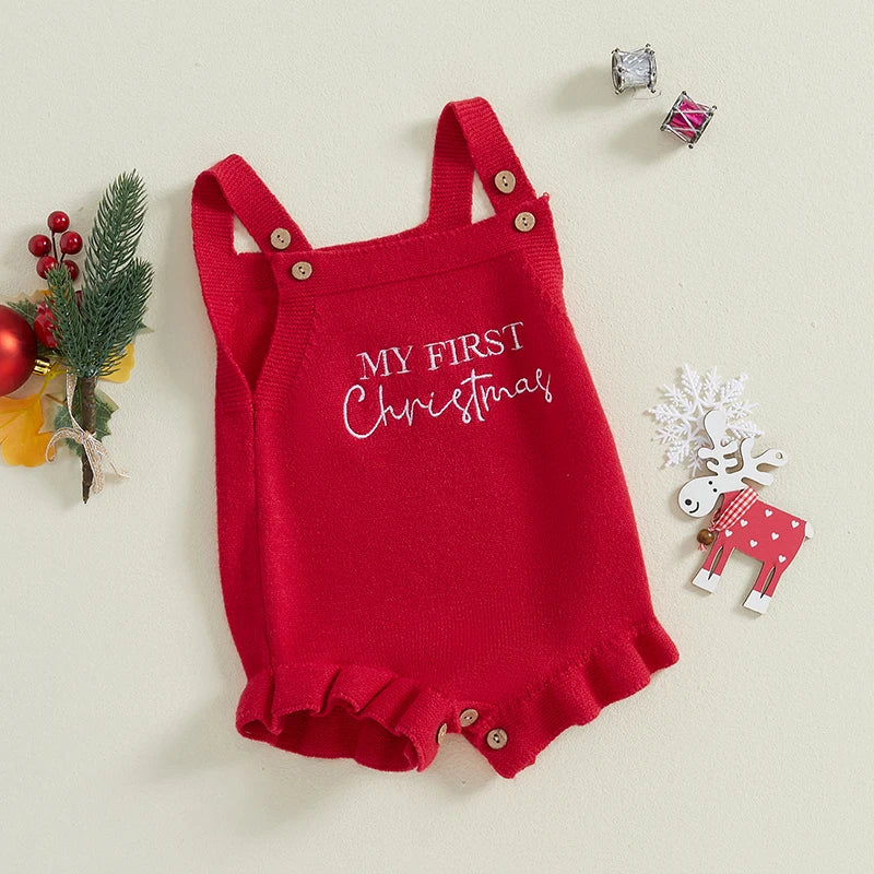 Baby Girl's Knit Romper - Sleeveless Square Neck Letter Embroidery Ruffle