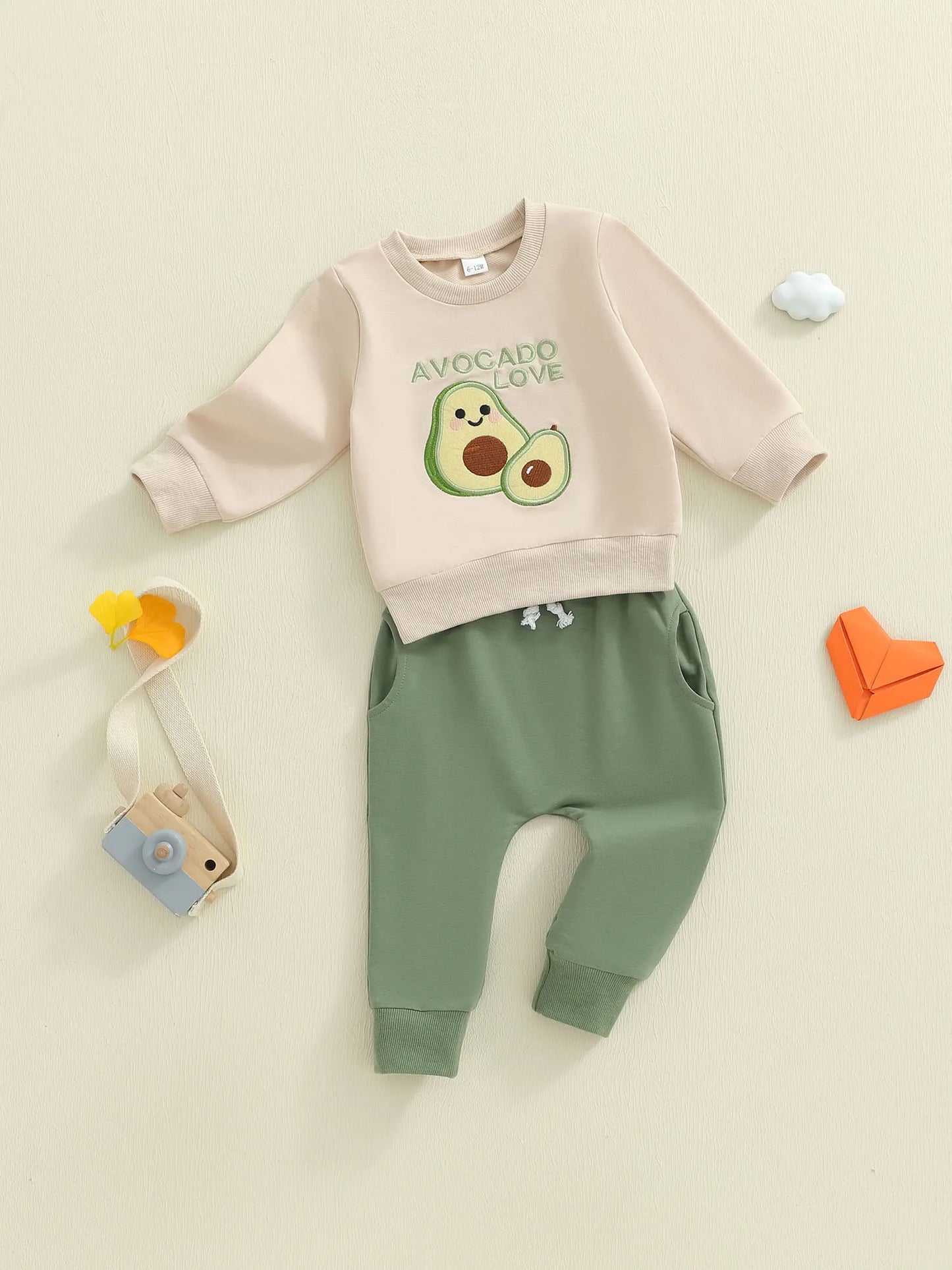 Infant Baby Boys Fall Winter Clothes Set - Fruit Letters Embroidery Long Sleeve Pullover Sweatshirt & Solid Pants