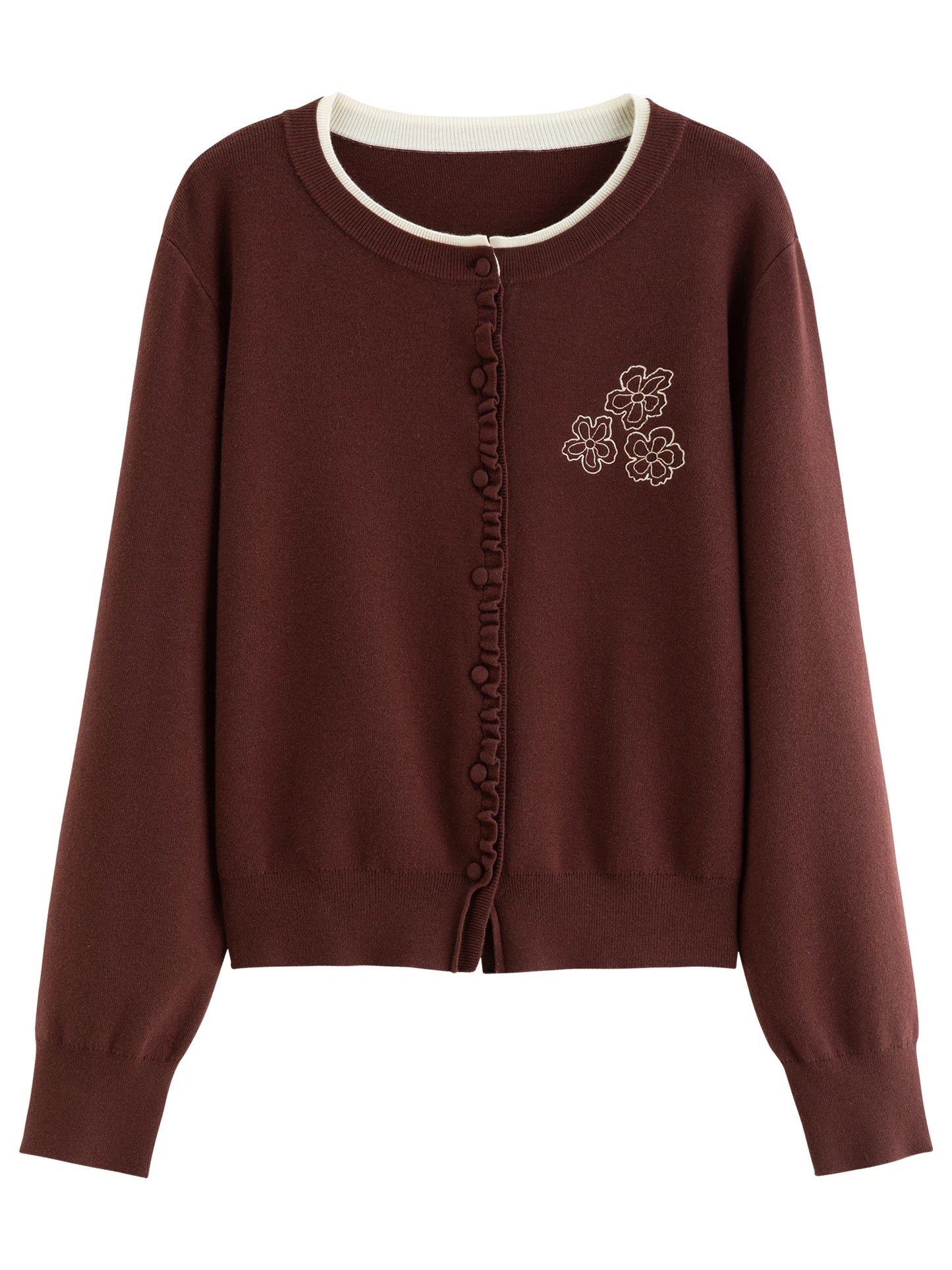 Floral Embroidered Knit Cardigan - Ruffle Trim Loose Fit Cardigan