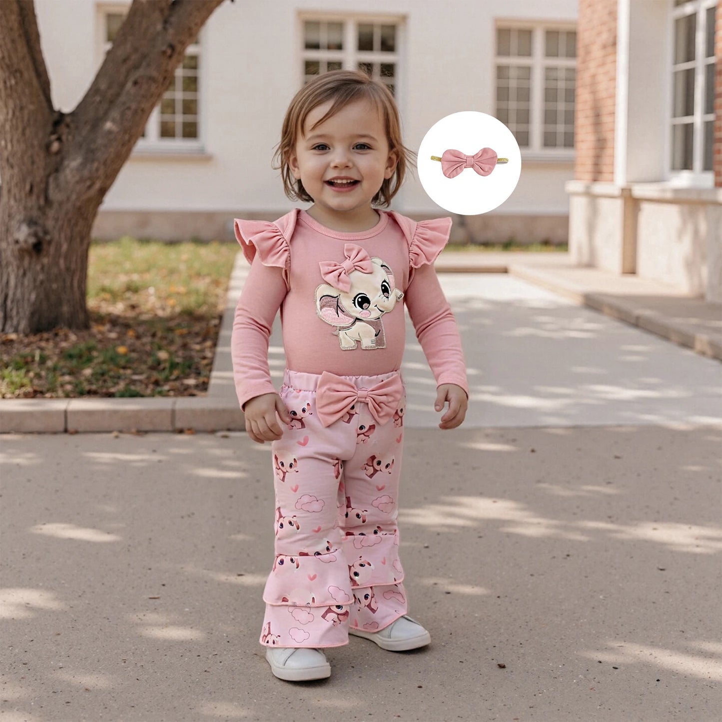 Baby Girls Fall Winter Clothes Set - Long Sleeve Bow Animal Embroidery Jumpsuit, Headband & Flared Pants