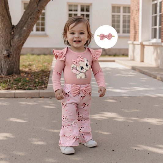 Baby Girls Fall Winter Clothes Set - Long Sleeve Bow Animal Embroidery Jumpsuit, Headband & Flared Pants