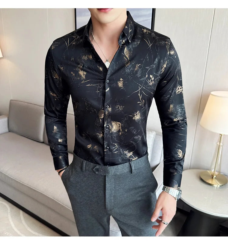 Men's Print Shirt - Slim Fit Long Sleeve Turn Down Collar Shirt