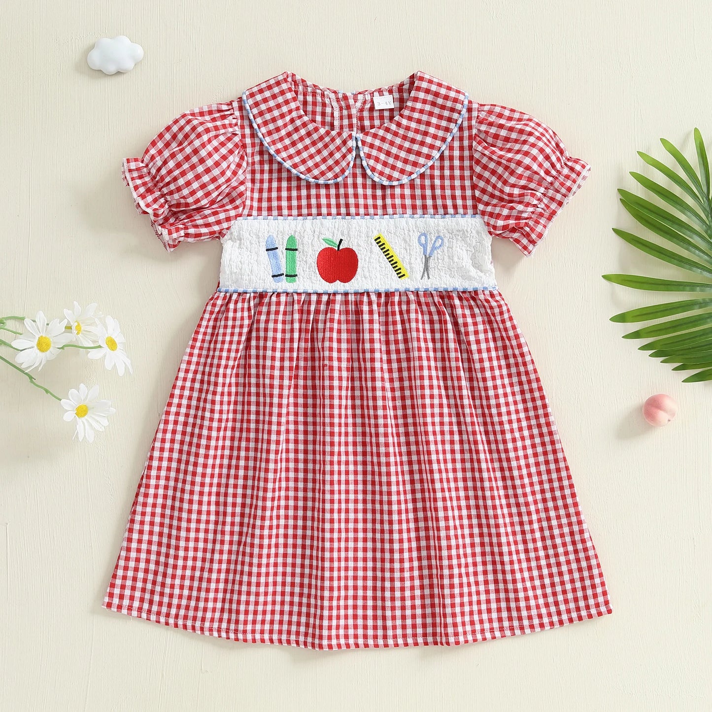 Girl's Back to School Dress - A-Line Embroidered Plaid Doll Collar Bubble Sleeve