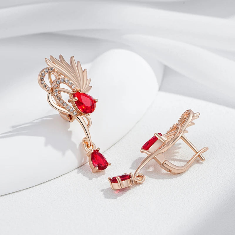 Women's 585 Rose Gold Red Natural Zircon Long Drop Earrings