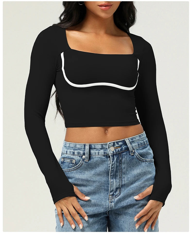 Women's Long Sleeve Yoga T-Shirt Square Neckline Gym Top Breathable Workout Running Crop Top Sportswear